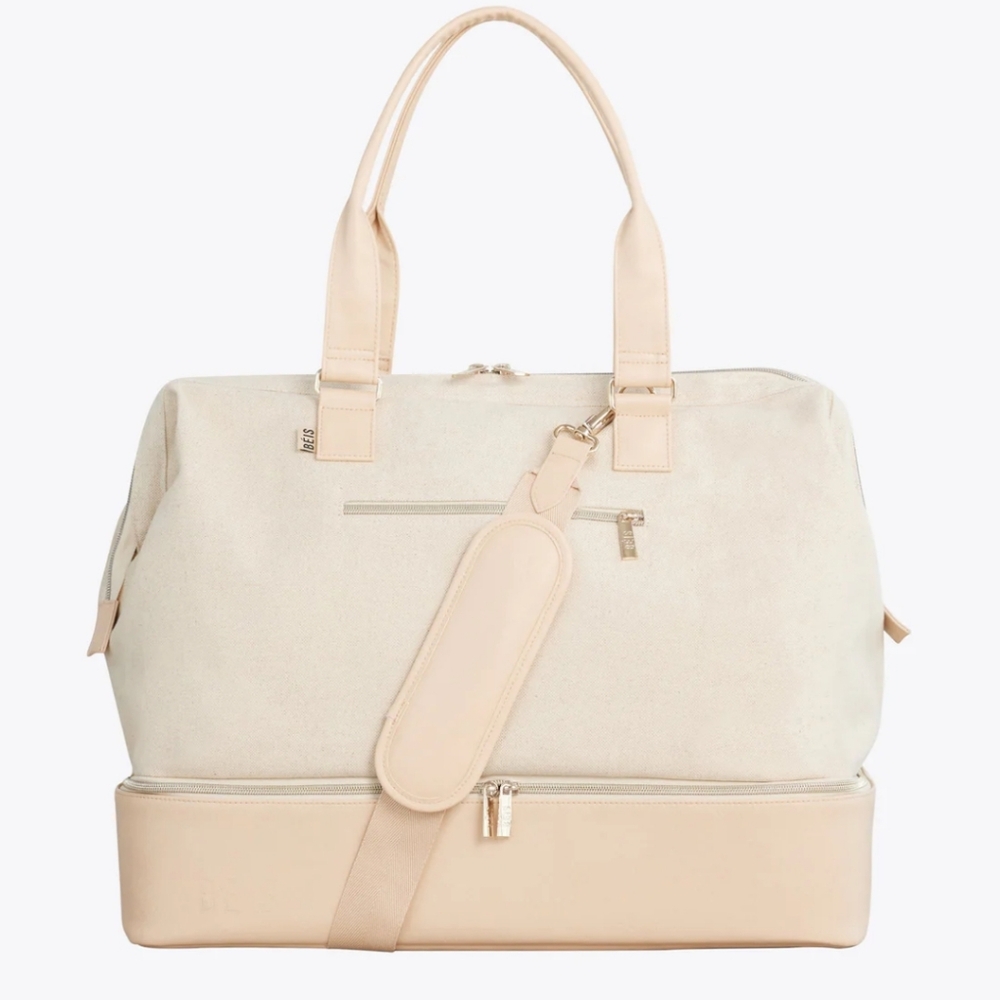 BEIS Cream and Tan Travel Weekender Bag